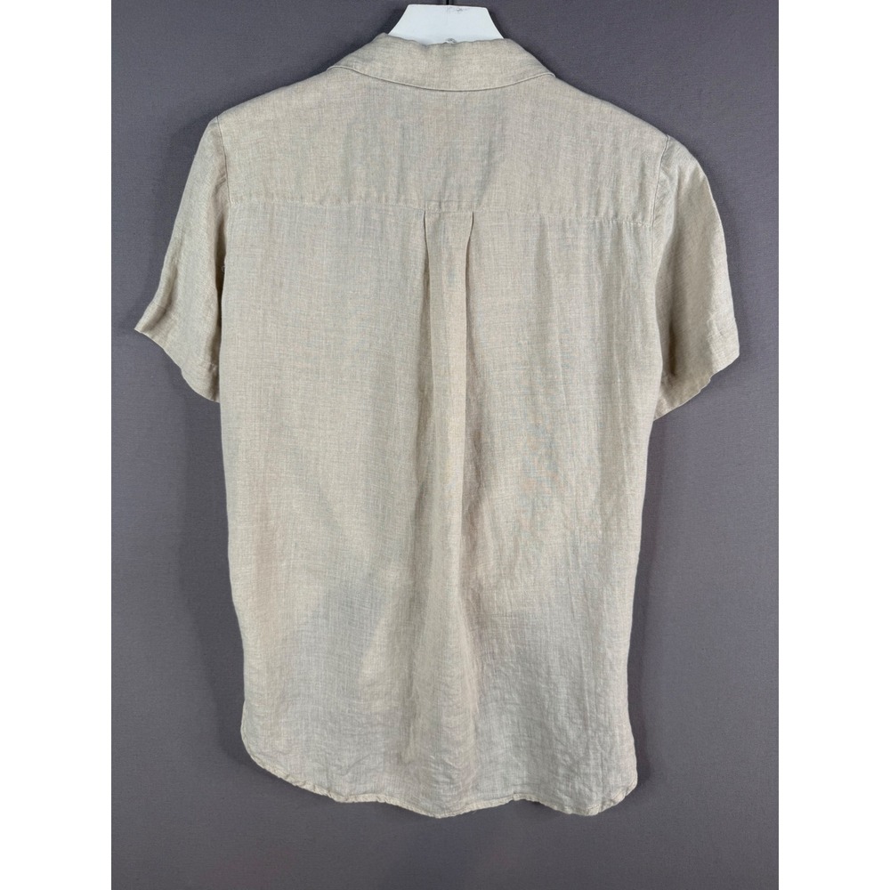 Theory Hekanina Shirt Womens M Beige Linen Tie Front Short Sleeve Minimalist - Picture 4 of 8